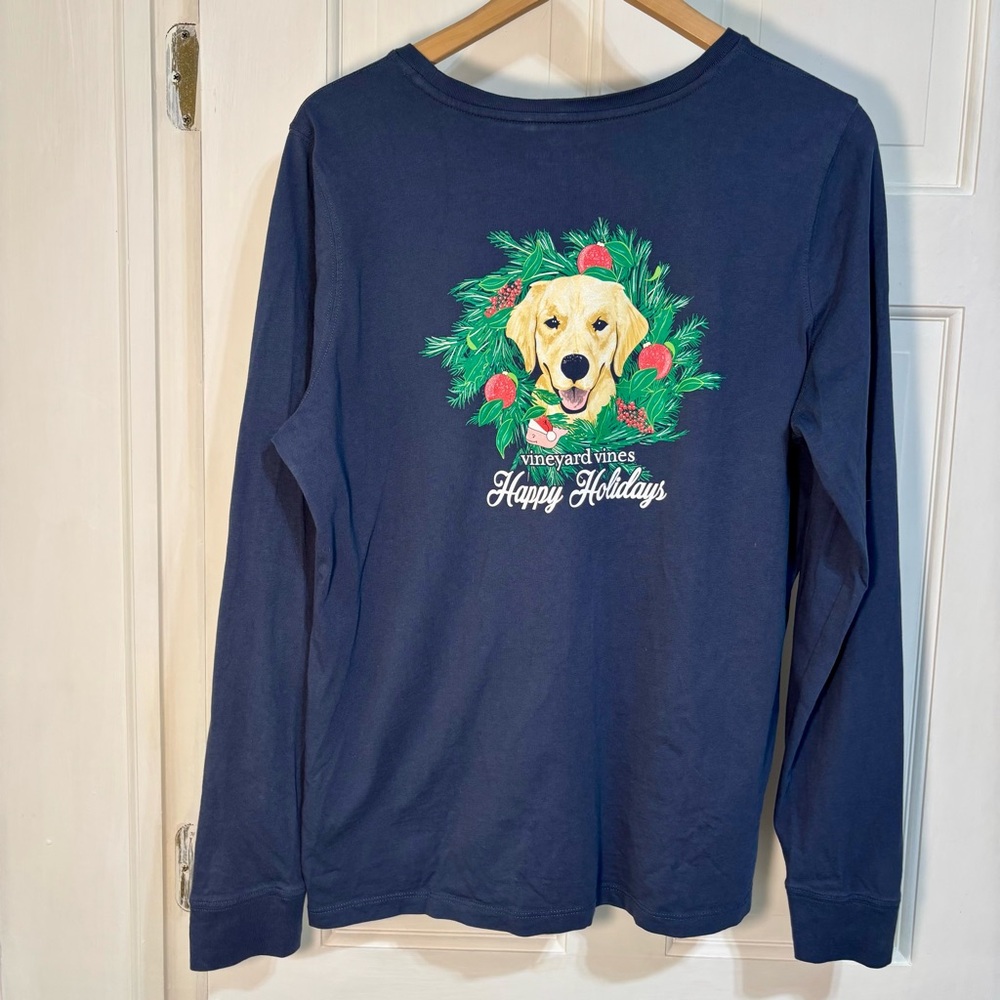 Vineyard Vines Holiday Shirt Size Large Puppy Dog Christmas Long Sleeve Blue Tee